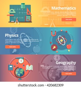 Elementary mathematics. Basic math. Physics subject. Geography science. School subjects. Education and science banners set. Vector design concept.