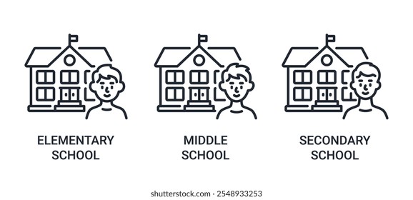 Aluno do ensino fundamental, médio e médio esboço ilustração vetorial isolado no fundo branco