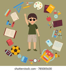 Elementary or middle school blind schoolboy with cane is back to school and lessons. Supplies are notebooks, planner, pencil case textbook, balls for sports. Happy disabled handicapped boy