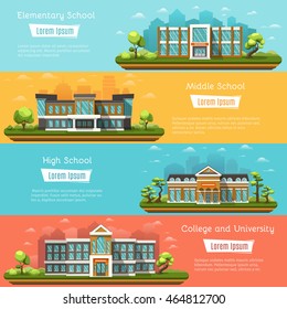 Elementary and Middle School buildings outdoors. College and University. High school on landscape. Four horizontal banners with place for text. Vector illustration.