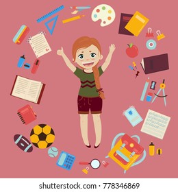 Elementary or middle school ginger schoolgirl. Supplies from girls backpack notebooks, planner, pencil case textbook apple ball for soccer and rugby. School infographics set of elements