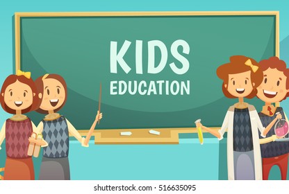 Elementary And Middle School Kids Education Cartoon Poster With Happy Children In Classroom By Chalkboard Abstract Vector Illustration 