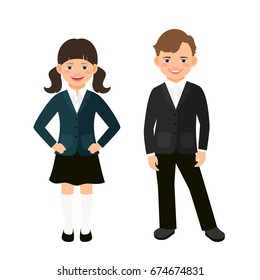 Elementary primary students kids in uniform isolated on white background. Vector illustration