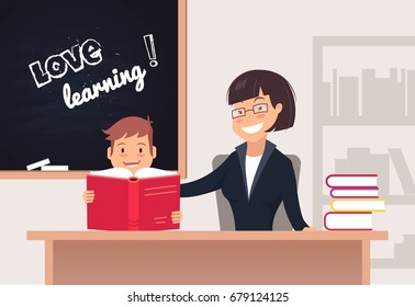 Elementary Pupil Reading a Book With Female Teacher In Classroom. Love reading concept. Vector illustration