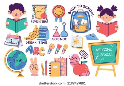 Elementary school badges. Book stickers and stationery supply for students, cartoon flat pupil equipment primary education concept. Vector isolated collection. Sandwich for lunch time, blackboard