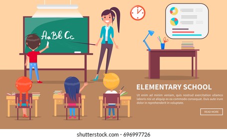 Elementary school banner with children sitting at desks and studying alphabet at lesson, teacher stands near blackboard, table with stationery items behind