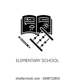 Schwarze Glyph-Ikone der Grundschule. Grundschulbildung, Silhouette-Symbol für Grundkenntnisse auf weißem Raum. Studentenausstattung im Juniorjahr. Copybook, Bleistift und Abacus, einzelne Vektorgrafik