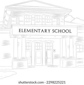 Elementary School Black and White Line Art Vector Illustration