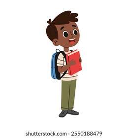 Elementary school boy with backpack and book goes to school. Education concept. Hand drawn illustration.