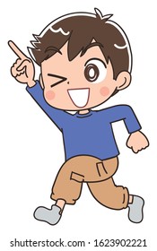 Elementary school boy in blue clothes.He has positive emotions.