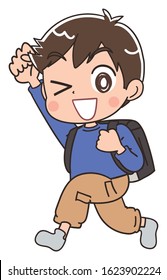 Elementary school boy in blue clothes.He has positive emotions.