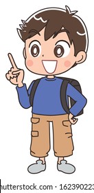 Garoto da escola fundamental com roupas azuis. Ele tem emoções positivas.
