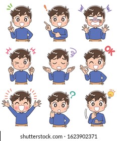 Elementary school boy in blue clothes.He has various expressions.