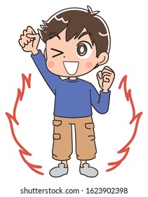 Elementary school boy in blue clothes.He has positive emotions.
