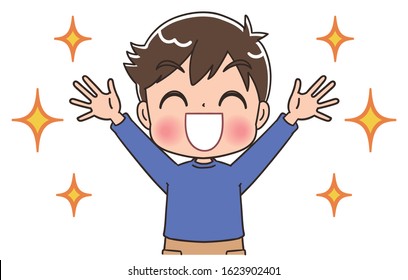 Elementary school boy in blue clothes.He has positive emotions.