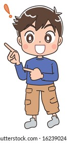 Elementary school boy in blue clothes.He points with his finger.
