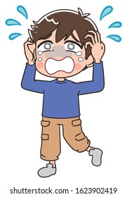 Elementary school boy in blue clothes.He has negative emotions.