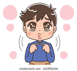 Elementary school boy in blue clothes.He is emotional.