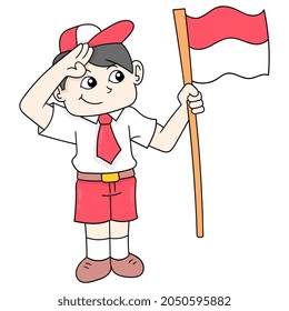 Elementary school boy celebrating Indonesian independence day carrying the red and white flag, vector illustration art. doodle icon image kawaii.