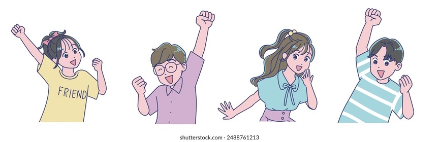 Elementary school boy and girl cheerfully pumping their fists