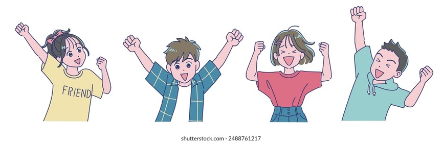 Elementary school boy and girl cheerfully pumping their fists