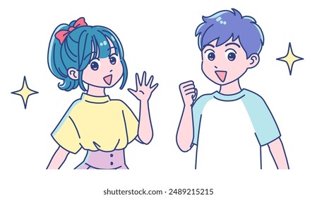 Elementary school boy and girl cheerfully pumping their fists
