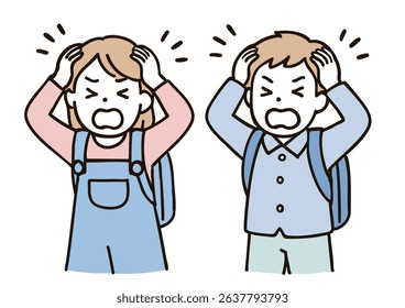 Elementary school boy and girl holding their heads in distress on white background
