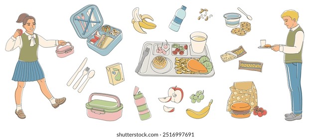 elementary school boy and girl and school nutrition set, food tray, lunchbox, burger, fruits, drinks