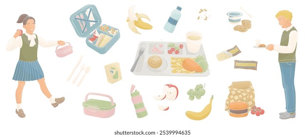 Conjunto de nutrición para niños y niñas de la escuela primaria, bandeja de alimentos, lonchera, hamburguesa, frutas, bebidas