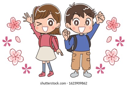 Elementary school boy and girl.They have positive emotions.