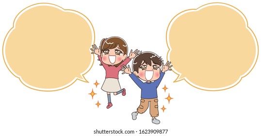 Elementary school boy and girl.They have positive emotions.With speech balloon.