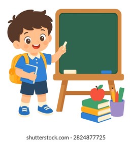 Elementary school boy pointing at a blank chalkboard while teaching a classroom lesson