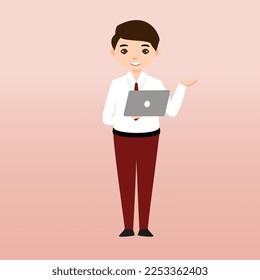  Estudiante de primaria con uniforme rojo y blanco. Ilustración del vector de dibujos animados. Retrato de un estudiante de primaria. Estudiantes escolares con mochilas, libros, macbook. 