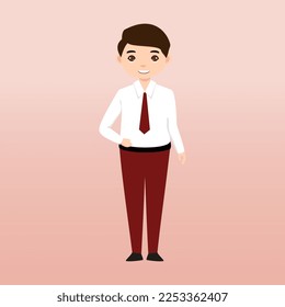  Elementary School Boy Student Wearing Red and White Uniform. Cartoon Vector Illustration. Portrait of an elementary school student. School students children with backpacks, books, macbook. 