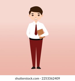  Elementary School Boy Student Wearing Red and White Uniform. Cartoon Vector Illustration. Portrait of an elementary school student. School students children with backpacks, books, macbook. 