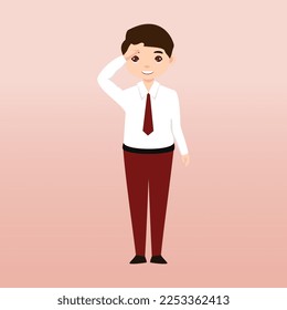  Elementary School Boy Student Wearing Red and White Uniform. Cartoon Vector Illustration. Portrait of an elementary school student. School students children with backpacks, books, macbook. 