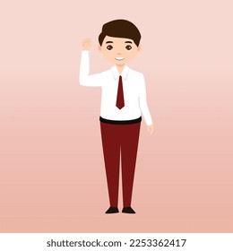  Estudiante de primaria con uniforme rojo y blanco. Ilustración del vector de dibujos animados. Retrato de un estudiante de primaria. Estudiantes escolares con mochilas, libros, macbook. 