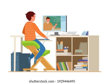 Elementary School Boy Studying Maths Online Flat Vector Illustration. Kid Sitting On Kneeling Stool At Computer. Ergonomic Working Place With School Supplies. 