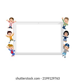 Elementary school boys and girls jumping and a blank tablet