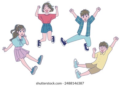 Elementary school boys and girls jumping energetically