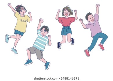 Elementary school boys and girls jumping energetically