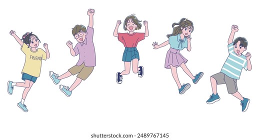 Elementary school boys and girls jumping energetically