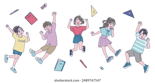 Elementary school boys and girls jumping energetically