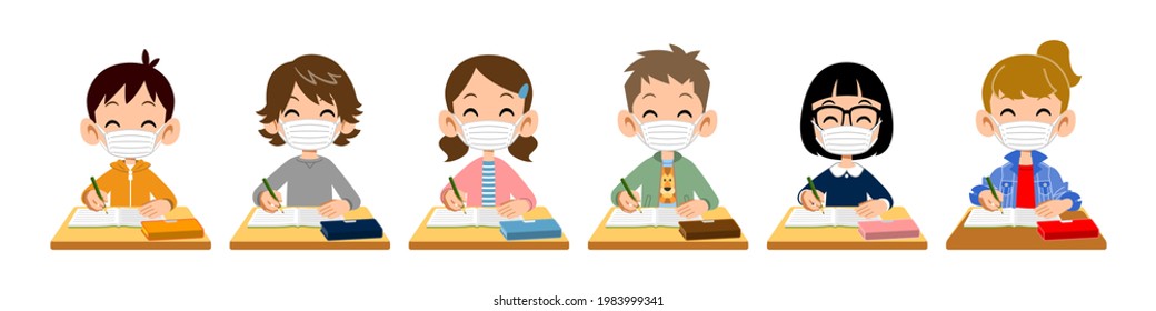 Elementary school boys and girls wearing masks and taking classes with a smile