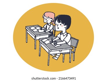 Elementary school boys taking classes Children's daily habits Comical handwritten figures Vectors, warm line drawings
