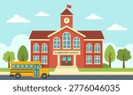 Elementary School Building with School Bus Flat Design Vector Illustration.