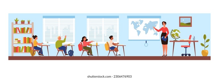 Interior de la escuela primaria. Aula con estudiantes y profesores durante la lección. Educación primaria para niños y rutina de estudio. Ilustración vectorial plana