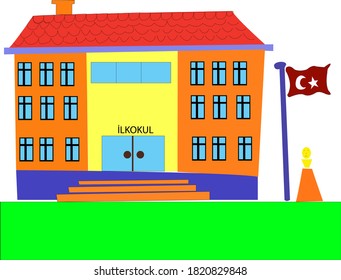 Elementary School Building With Red Roof And Turkish Flag Drawing