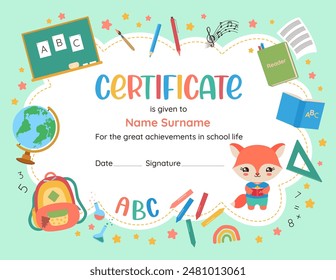 Elementary school certificate design template. Back to school playful frame background. Children vector illustration of school supplies. Vibrant colors, fun character, child-friendly design.