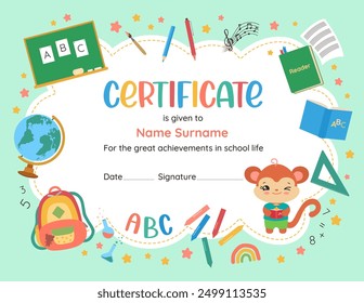 Elementary school certificate with kawaii animal. Cute design template for kids. Back to school frame children vector illustration. School supplies background. Playful vibrant achievement award print.